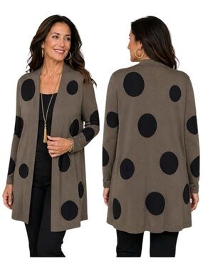 Chico’s Olive Green Polka Dot Lightweight Knit Open Front Cardigan Sweater Med